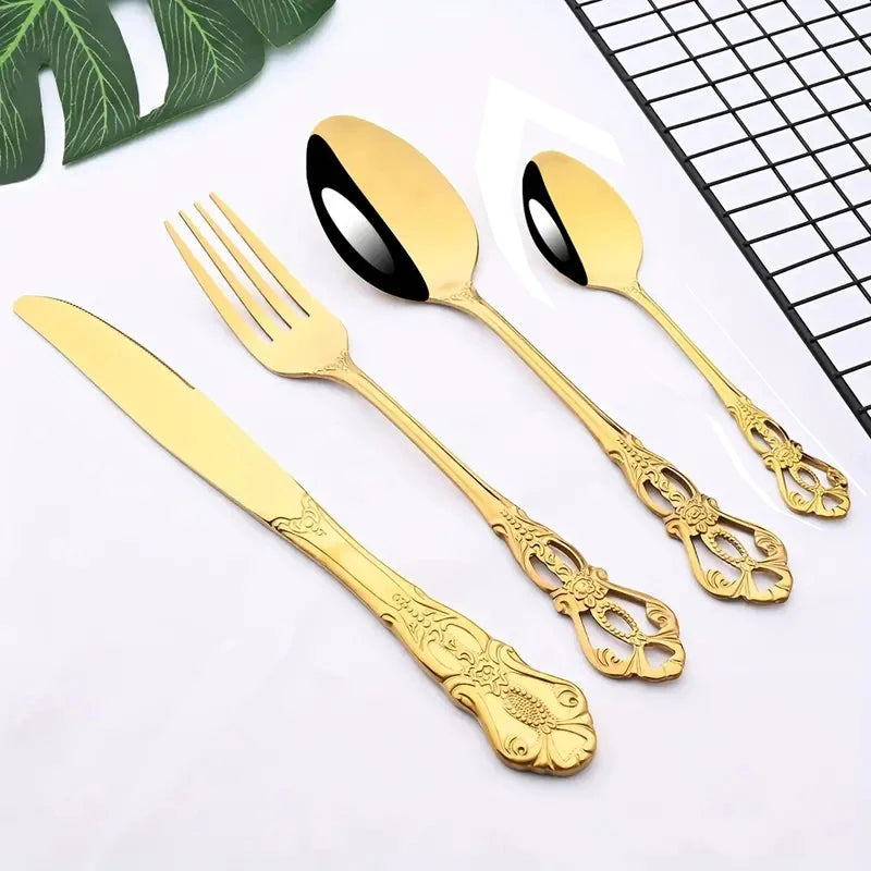 4/24pcs Elegant and durable vintage crown cutlery set - stainless steel cutlery for restaurants, home, parties and weddings.  The availability is limited to 4 pcs. of Gold, 4pcs of Silver, 24pcs. of silver.  Hoping this item