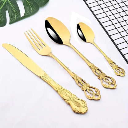 4/24pcs Elegant and durable vintage crown cutlery set - stainless steel cutlery for restaurants, home, parties and weddings.  The availability is limited to 4 pcs. of Gold, 4pcs of Silver, 24pcs. of silver.  Hoping this item