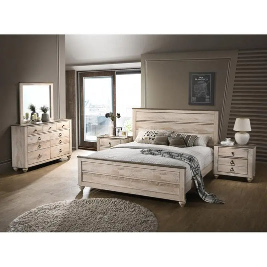 Contemporary White Wash Finish 5-Piece King Bedroom Set - Bed, Dresser, Mirror & 2 Nightstands