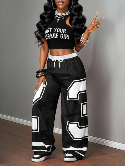 Women's Camo Number Graphic Pants,  Men's New Wide Leg Elastic Waist Trousers, Kids's Casual Summer Streetwear Outfit