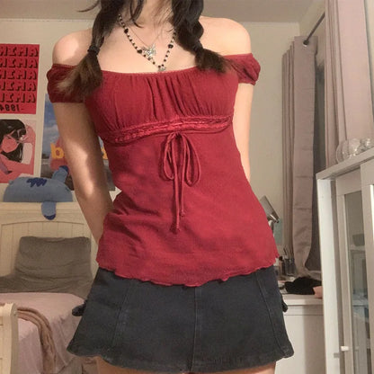 Sweet Lace Tops  for Women/Girls, Off-Shoulder,  Drawstring T-shirt.