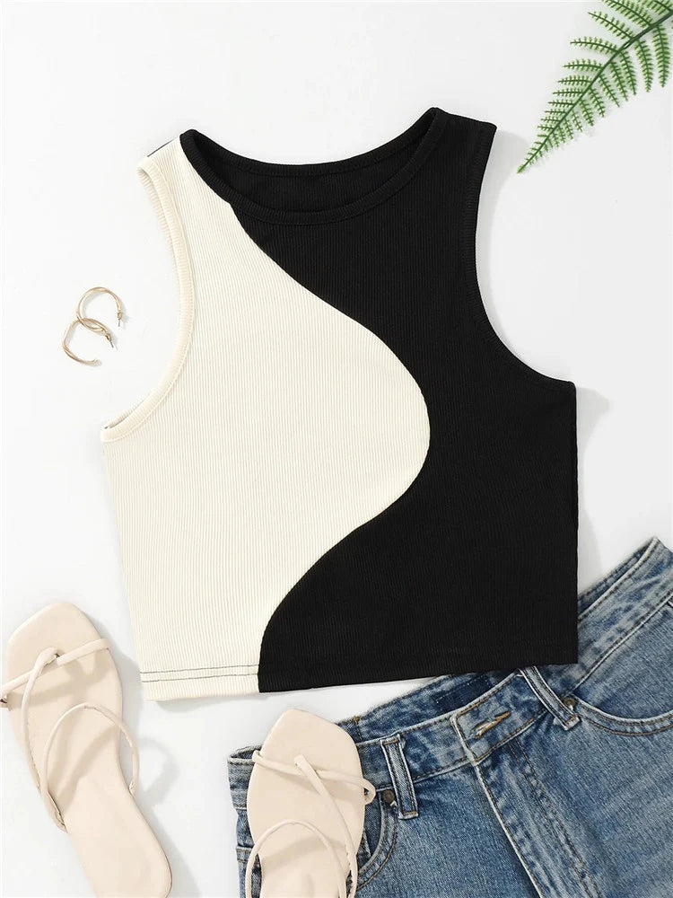 Women's Ribbed Knit Tan Tank Top O-neck Sleeveless Cute Baby Tee, Summer Patchwork Color Block Crop Top T Shirt.  Tan color ONLY available S, M, L.  Pink is OUT-OF-STOCK.