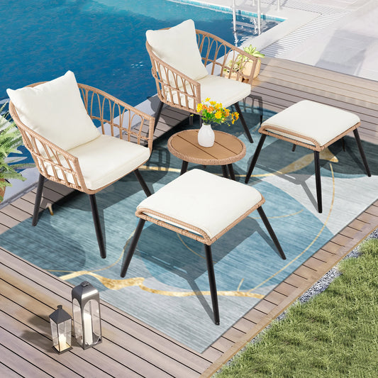 5 Piece Patio Furniture Set, Outdoor Wicker.  Small Conversation Bistro Set, All-Weather PE Rattan Chairs with Ottoman & Coffee Table