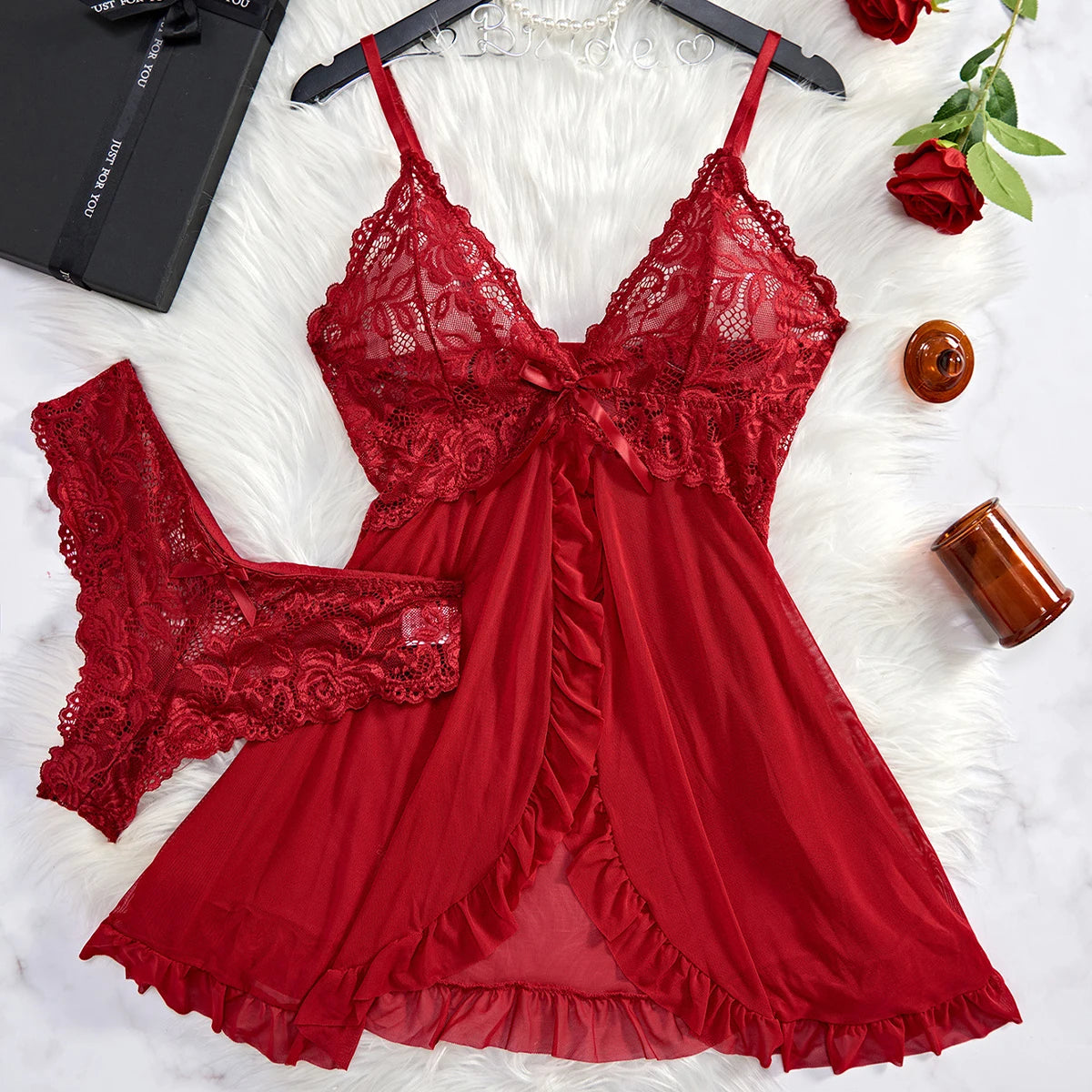 Tulle Ultra Sexy Nightgown,  V-neck Bra, Open Sleep Skirt, Womans Sheer  Lingerie  with Thong