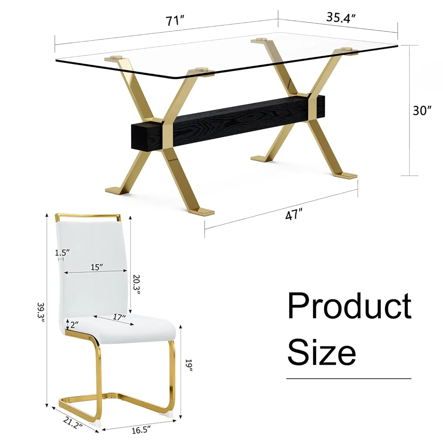 71“ Glass Dining Table Set for 6, Modern 7-Piece Dining Table Set,Rectanglular Tempered Glass Top and Metal Legs, Customized