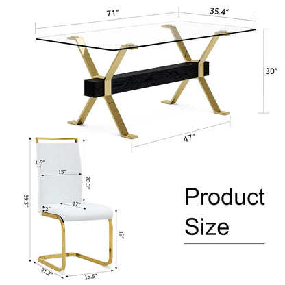 71“ Glass Dining Table Set for 6, Modern 7-Piece Dining Table Set,Rectanglular Tempered Glass Top and Metal Legs, Customized