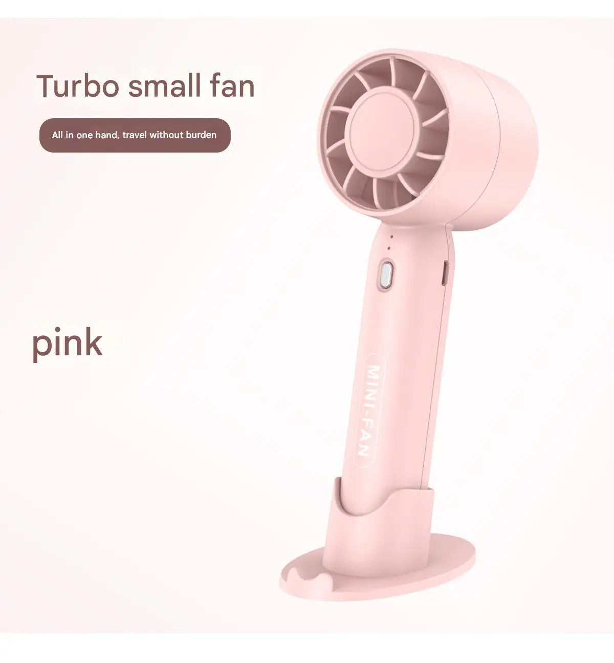Turbo handheld small fan  for USB charging., BLUE is most available but all are stocked.   Mini outdoor portable,  lightweight desktop stand with long-lasting battery life