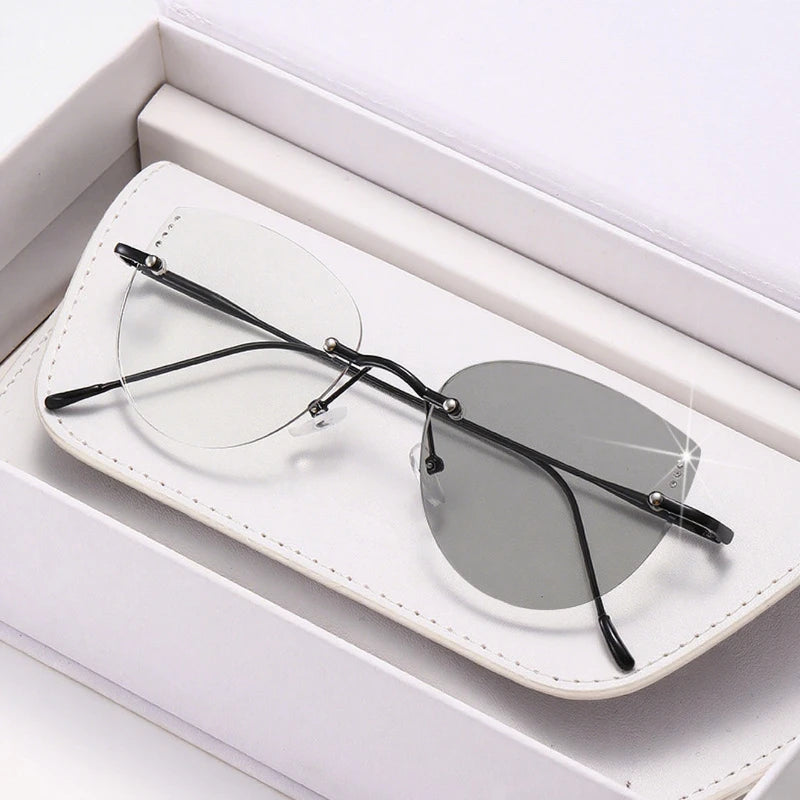 High Quality Frameless Photochromic Myopia Glasses.   All Titanium, Ultra Light Cat Eye , Anti -Blue Light Glasses,  Diopter To -4.0
