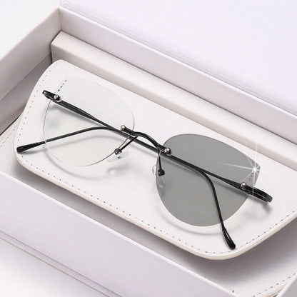 High Quality Frameless Photochromic Myopia Glasses.   All Titanium, Ultra Light Cat Eye , Anti -Blue Light Glasses,  Diopter To -4.0