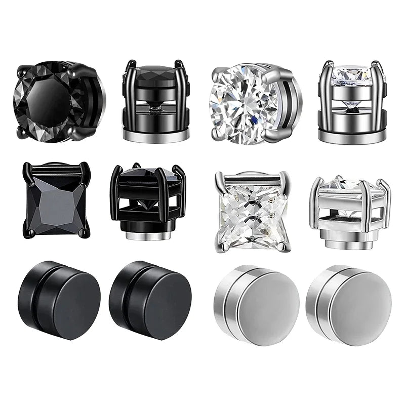 3 Pairs Crystal,  Strong Magnetic Ear Stud, Clip Earrings for Men and Women, Round  and square with 3 color choices for the framework.  Zircon, Magnet Earrings, Non Piercing Jewelry