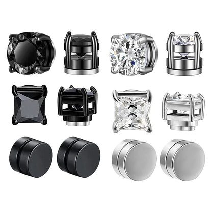 3 Pairs Crystal,  Strong Magnetic Ear Stud, Clip Earrings for Men and Women, Round  and square with 3 color choices for the framework.  Zircon, Magnet Earrings, Non Piercing Jewelry