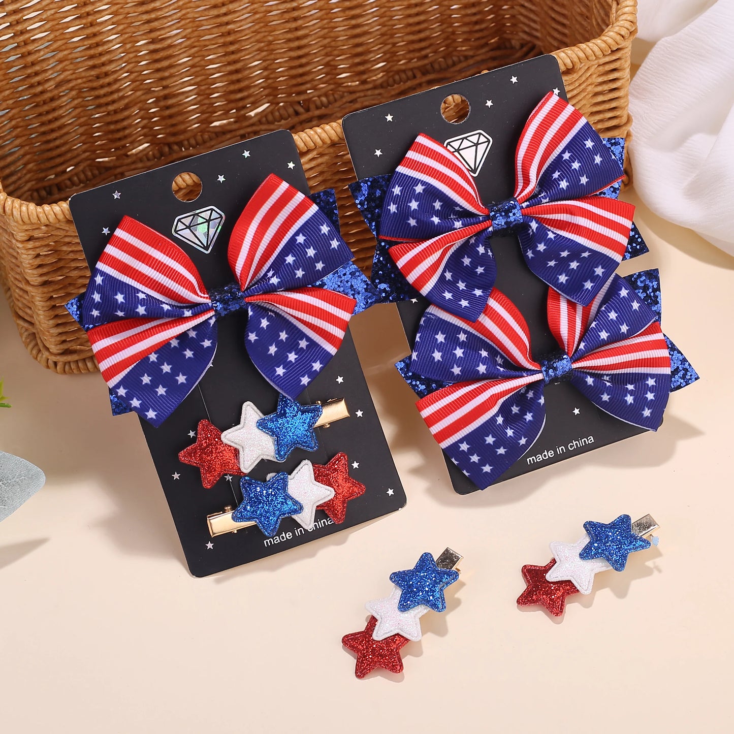 2/4 Sets of New American Patriotic items.  Five Pointed Star Bow Top Decoration Daughter/ Children's Flag Star Hair Clip Set