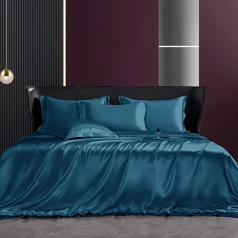 Solid 4pcs Silk Bedding Set with Duvet Cover,  Fitted/Flat Bed Sheet,  Pillowcase,  Bedspread and Coverlet,  Single / Double Bedsheet