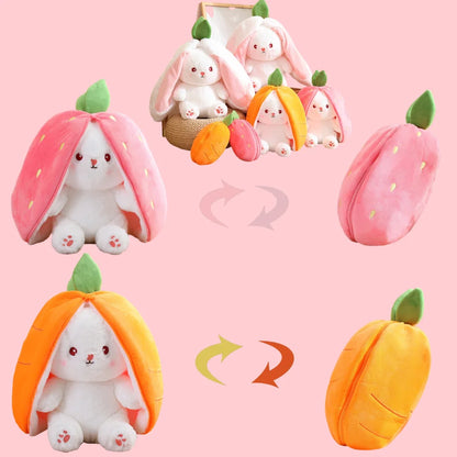 25cm Cute Strawberry /Carrot Rabbit Plush Stuffed Toy.  Creative Into Fruit Transform Baby Cuddly Bunny Doll for Kid Birthday/Easter Gift.