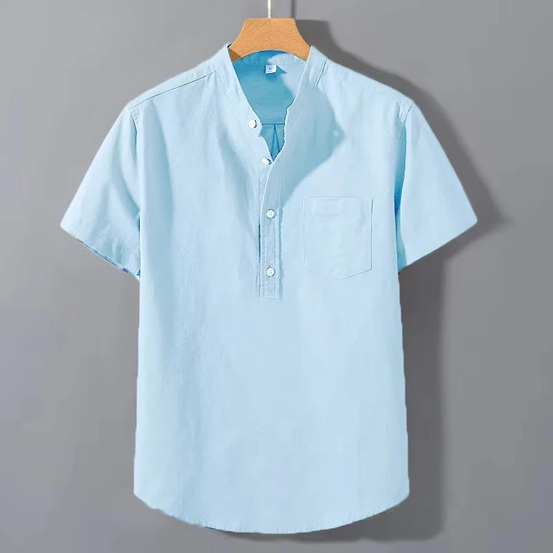 Mens Short Sleeve Shirts in  Solid Colors.   Stand Up Collar Shirt for Summer.   Trendy, Breathable,  Loose,  Basic Cotton Pocket