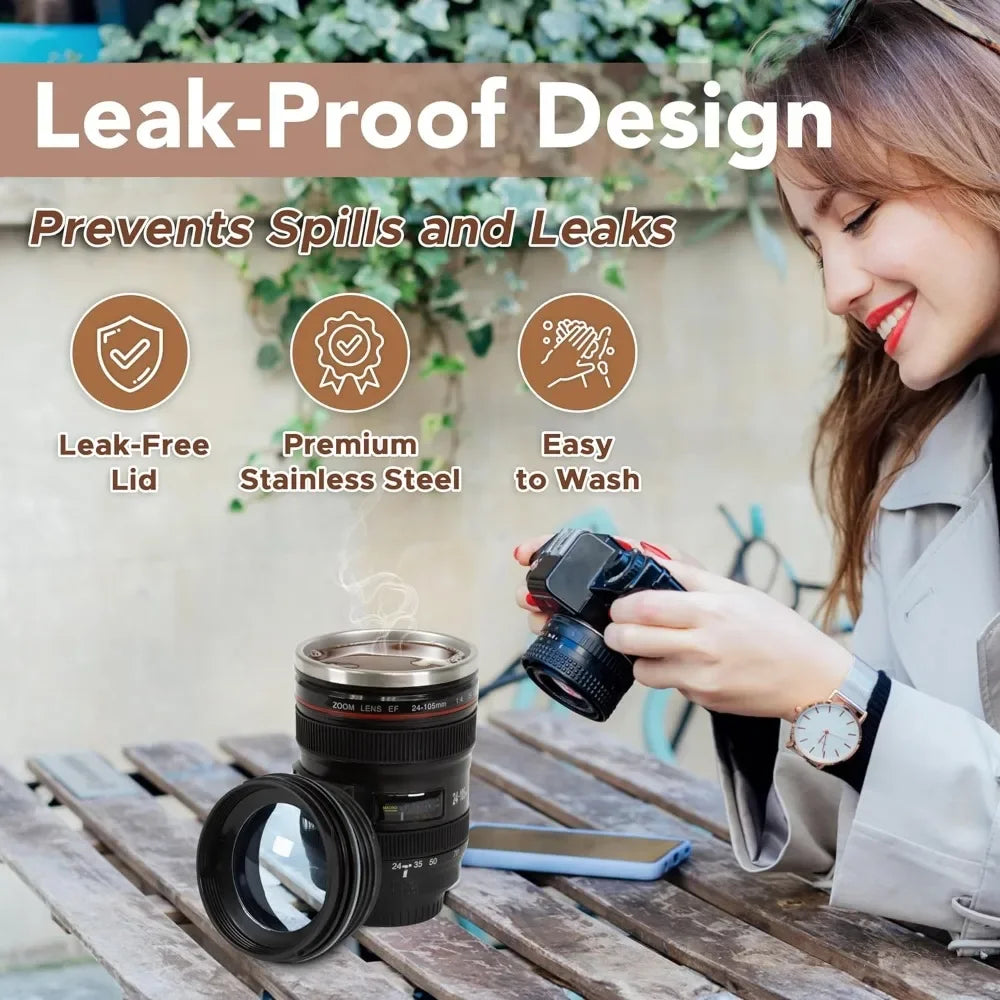 1pc SLR Lens  COFFEE CUP Camera.  Camera Lens Model, Stainless Steel Casual Cup with Lid,  Coffee Mug White/ Black.  Coffee Mug /Creative Gift FOR The photographer IN YOUR FAMILY.  PS:  Its almost FATHERS DAY!!!!!