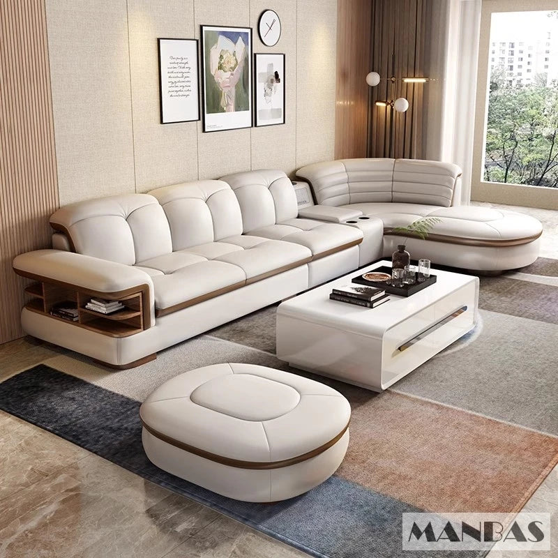 Luxury L-Shaped Genuine Leather Sectional Sofa Sets with USB, Bluetooth Speaker - Living Room, Italian Leather Couches