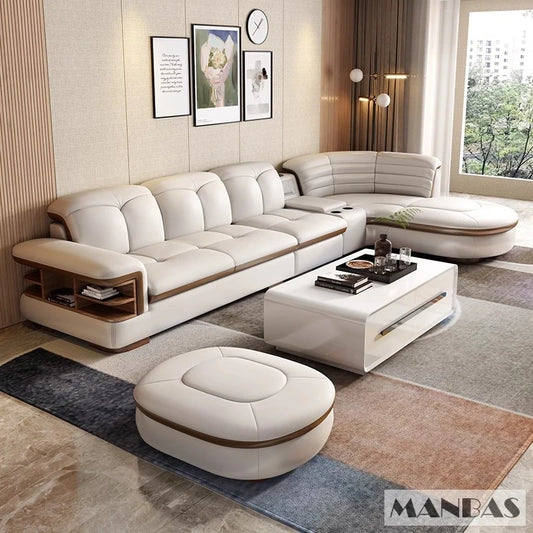 Luxury L-Shaped Genuine Leather Sectional Sofa Sets with USB, Bluetooth Speaker - Living Room, Italian Leather Couches