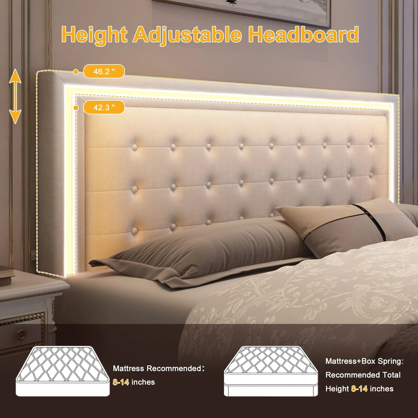 Queen LED Bed Frame with 4 Storage Drawers, Headboard, PU Upholstered, No Box Spring Needed, 900 lbs Support