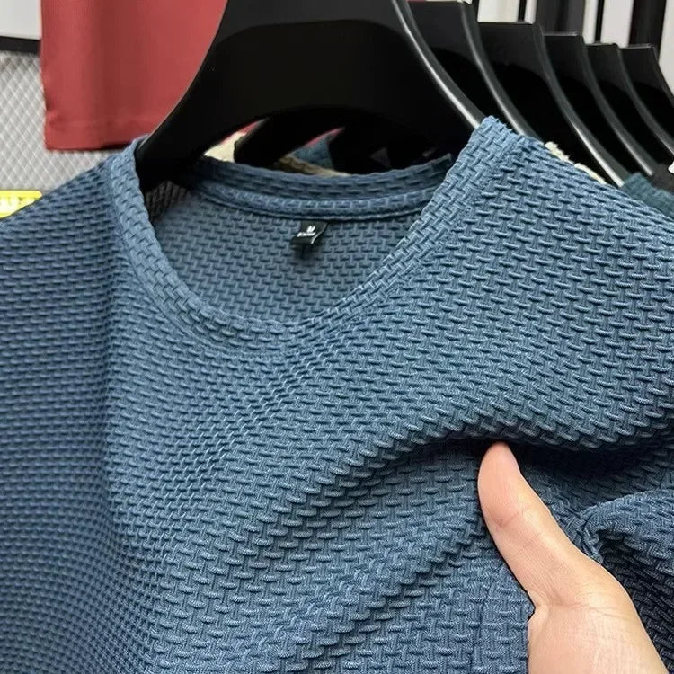 Men's Short Sleeve Mesh, Bamboo Ice Silk T-shirt, Casual, Versatile, Summer Elastic,  Slimming Top for Men
