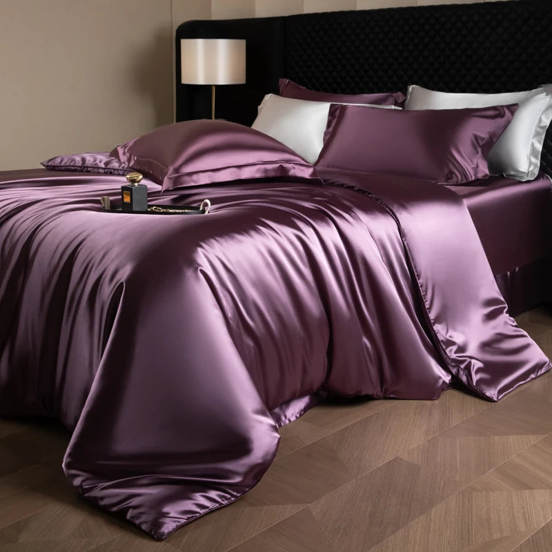 Silk Bed Sheets Set,   Luxury Bedding Set with Duvet Cover,  Fitted/Flat Bedsheet,  Pillowcases, Mixed with Rayon, King /Queen/ Full T/win