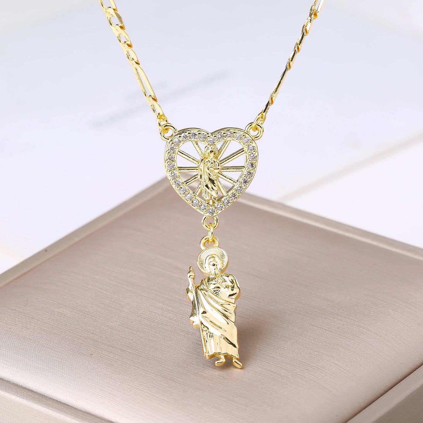 Catholic Saint Jude Heart,  Pendant NecklacE,  Gold Plated/ Rhinestone Religious Jewelry for Women Men, Prayer Gift
