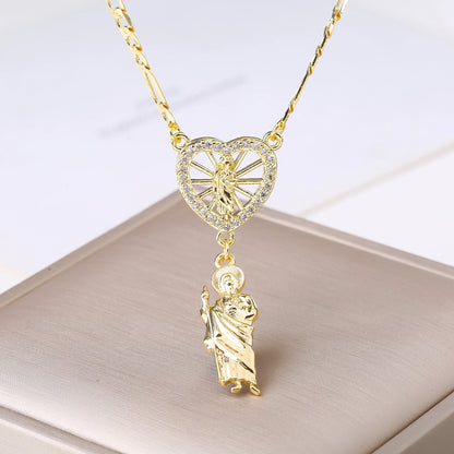Catholic Saint Jude Heart,  Pendant NecklacE,  Gold Plated/ Rhinestone Religious Jewelry for Women Men, Prayer Gift