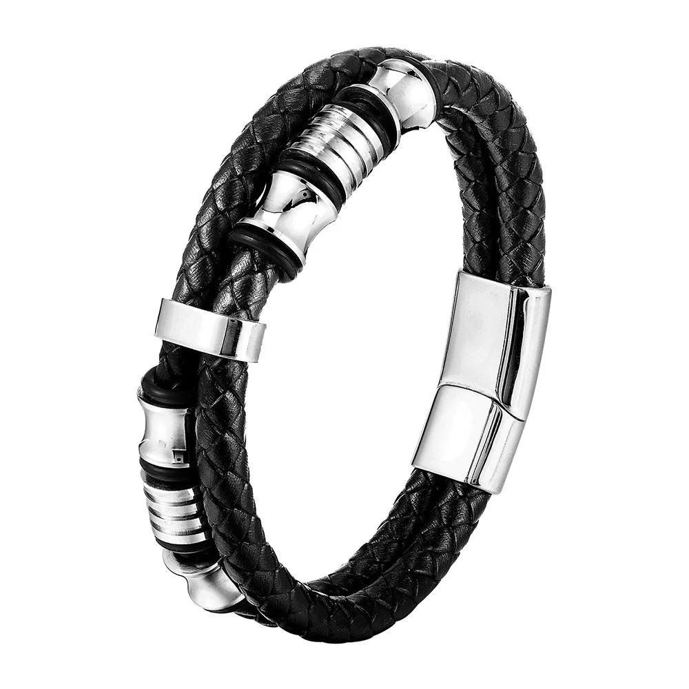Braid Rope Bracelet For Men.   Stainless Steel, Magnetic Buckle,   Genuine Leather Bracelets & Bangles Male /Female Jewelry