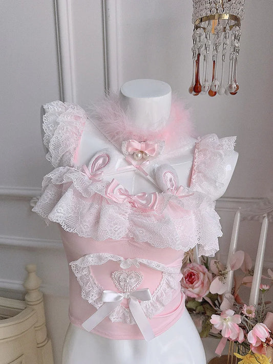 Cute Crop Top for Women / Girls, for Summer.   Lace Trim,  Bows,  Lovely Pink Top.
