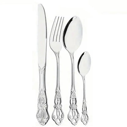 4/24pcs Elegant and durable vintage crown cutlery set - stainless steel cutlery for restaurants, home, parties and weddings.  The availability is limited to 4 pcs. of Gold, 4pcs of Silver, 24pcs. of silver.  Hoping this item