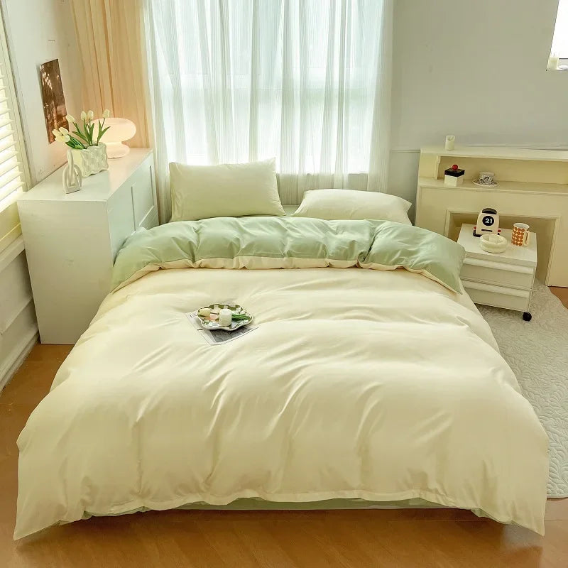 2-side Solid Color Brush Fabric Bed Set 4 Pieces Duvet Cover, 2  Pillowcase and Bedding Set.  Bed Sheet,  Quilt Cover, sizes Single,  Queen and King
