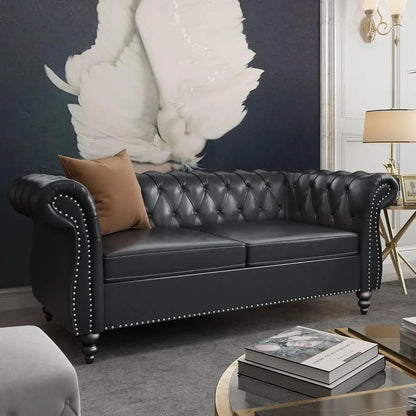 Leather Chesterfield Sofa Set with Scroll Arms and Black Ottoman for Living Room