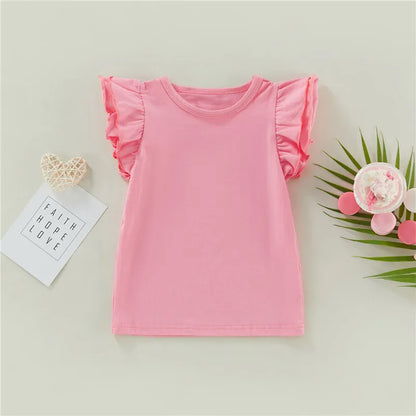 1-6 Years old,  Infant Girls T-Shirt,  Cotton Flying Sleeves T-Shirt For Girls,  Summer, Solid , Black White Pink Red Tee Tops