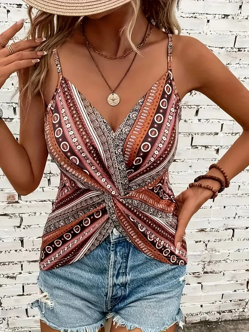 Women's sexy V-neck chain printed front,  twisted back camisole top,  made of polyester fabric with spaghetti pattern.  BROWN in S, M, and L is unavailable. BROWN IS Available in XL and XXL.  PINK is  TOTALLY available.  No o