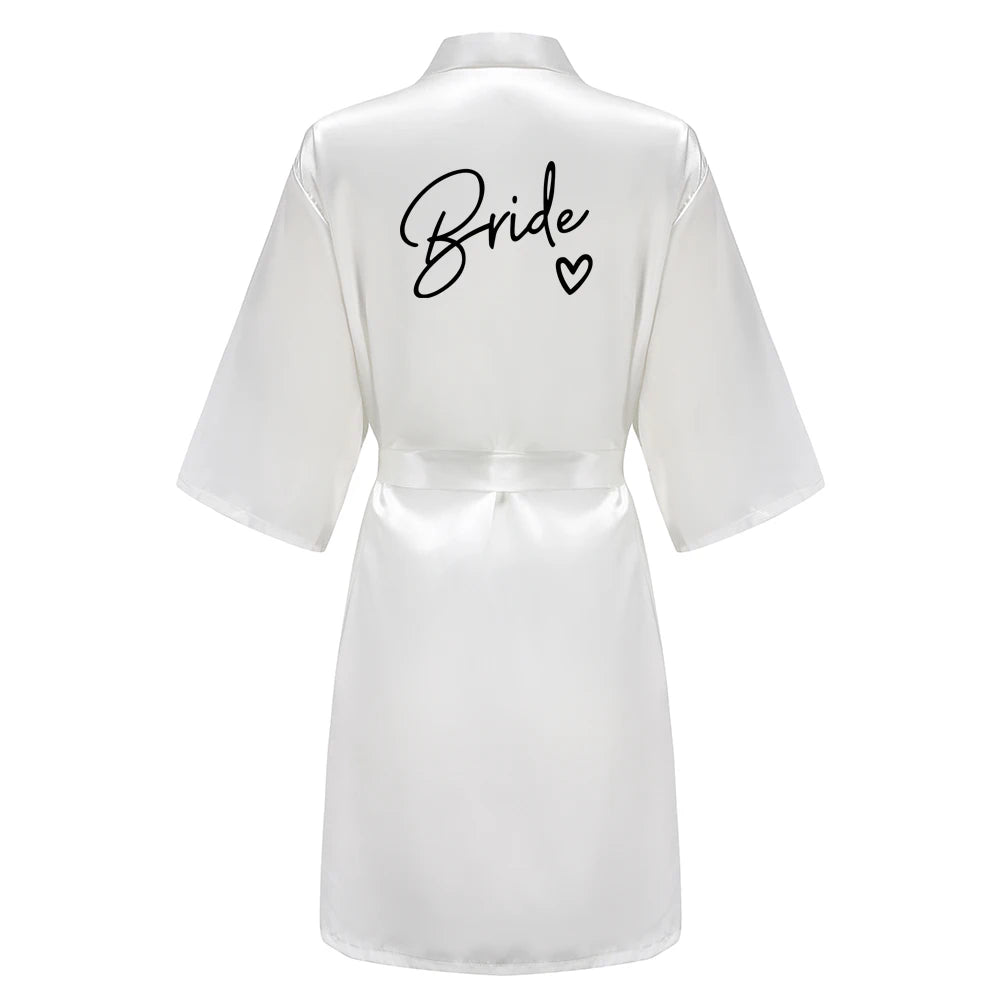 Wedding Party Team Bride Robe With Black Letters, Kimono Style Satin Bridesmaid Bathrobes