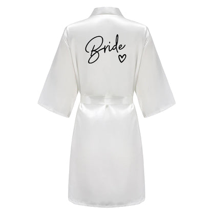 Wedding Party Team Bride Robe With Black Letters, Kimono Style Satin Bridesmaid Bathrobes