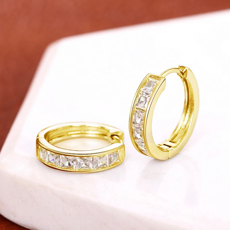 Classic Design Hoop Earrings,  Full with Princess Square CZ's.   Simple and Elegant Accessories Versatile Jewelry Perfect for MOTHERS DAY Gift