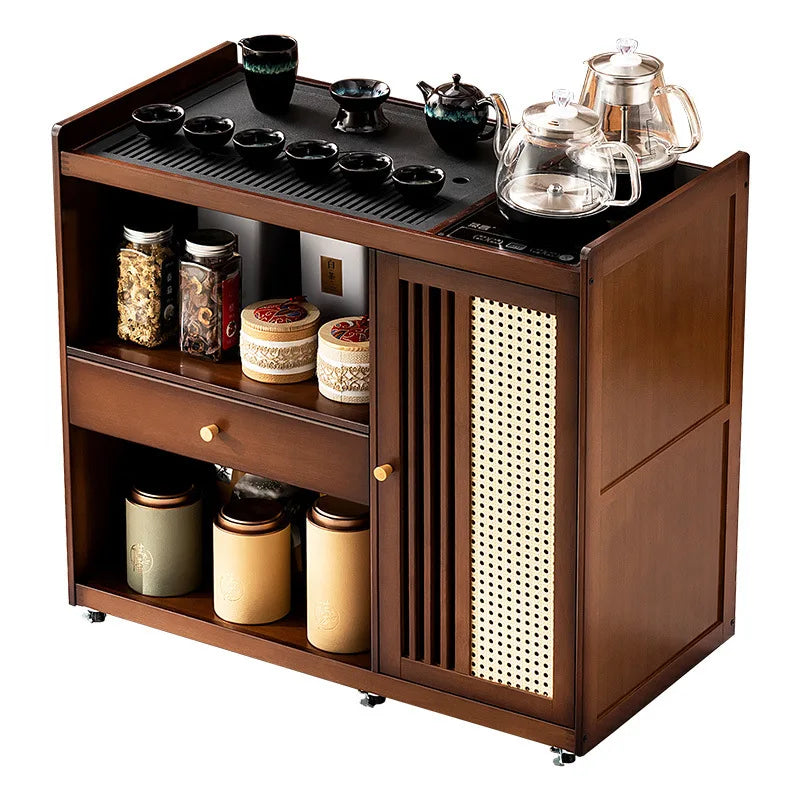 Small, Mobile tea table, Kettle integrated tea cabinet with Solid wood coffee table.  Tea cart Brewing tea table