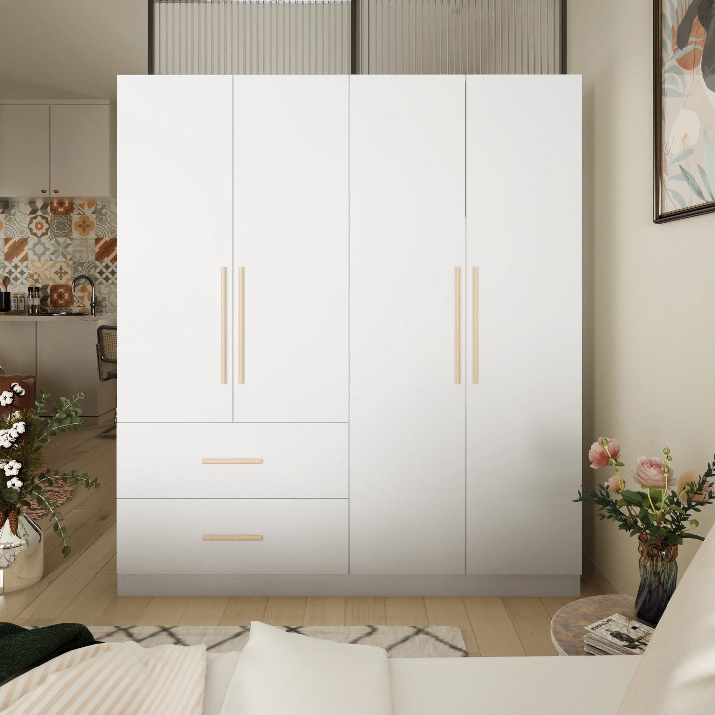 Modern Wardrobe Armoire, Closet with 2 Drawers, 6 Storage Cubes & 2 Hanging Rods, Wardrobe Closet for Bedroom.