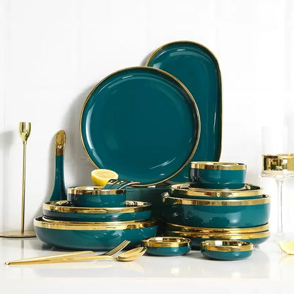 Luxury Forest Green Ceramic Dinnerware Set,  Including  Shallow Plates,  Rice,  Soup Bowls,  Fish,  Dish And Spoon