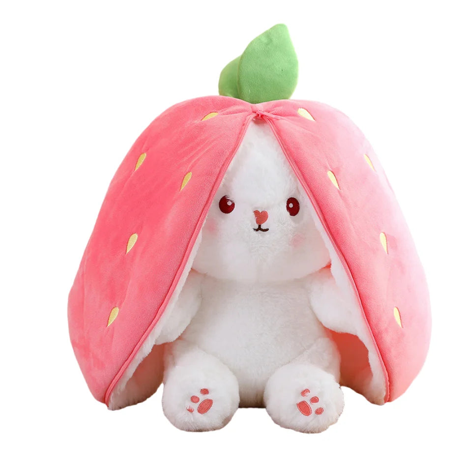 25cm Cute Strawberry /Carrot Rabbit Plush Stuffed Toy.  Creative Into Fruit Transform Baby Cuddly Bunny Doll for Kid Birthday/Easter Gift.