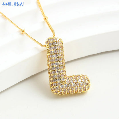 MHS.SUN Gold Plated Balloon 26 Letter Necklaces Copper Zircon Bubble Initial Pendant Chunky Women Personality Chain Jewelry