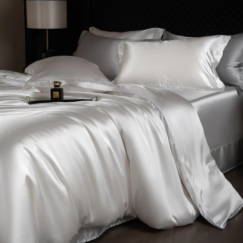Silk Bed Sheets Set,   Luxury Bedding Set with Duvet Cover,  Fitted/Flat Bedsheet,  Pillowcases, Mixed with Rayon, King /Queen/ Full T/win