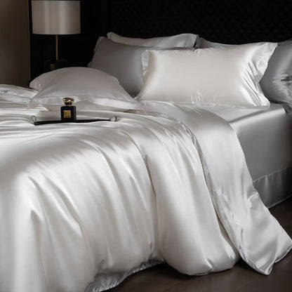 Silk Bed Sheets Set,   Luxury Bedding Set with Duvet Cover,  Fitted/Flat Bedsheet,  Pillowcases, Mixed with Rayon, King /Queen/ Full T/win