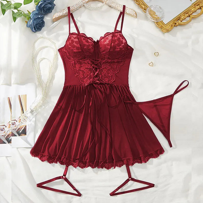 Sexy Bra And Garter Belt Lingerie  in Hot Red.   Babydoll Dress  for Women.  Exquisite 3-Piece Set Nightwear Set