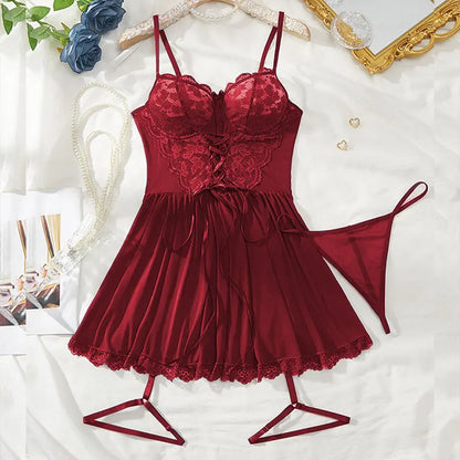 Sexy Bra And Garter Belt Lingerie  in Hot Red.   Babydoll Dress  for Women.  Exquisite 3-Piece Set Nightwear Set