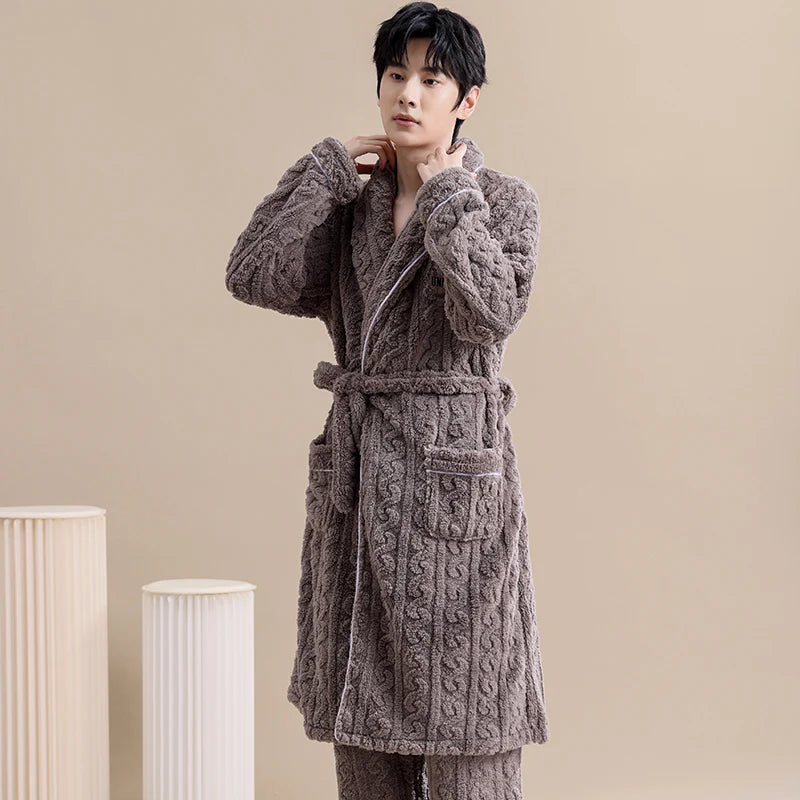 Winter Jacquard Flannel Sleepwear With Belt Robe+Pants.  . 2PC Warm Men s Pajamas.  Fleece Robes Set Full Sleeve Homewear.