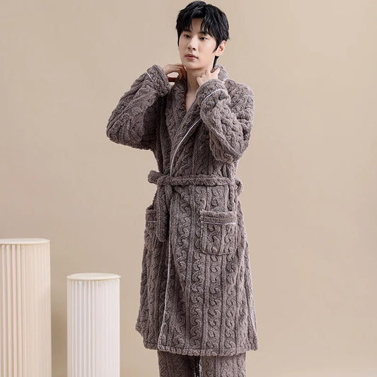 Winter Jacquard Flannel Sleepwear With Belt Robe+Pants.  . 2PC Warm Men s Pajamas.  Fleece Robes Set Full Sleeve Homewear.