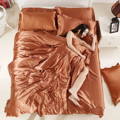 Nordic Satin Silk Bedding Set with Duvet Cover,  Bed Sheet,  Pillowcases.   Luxury Solid Single, Double, Couple Pillow Case and Bedsheet