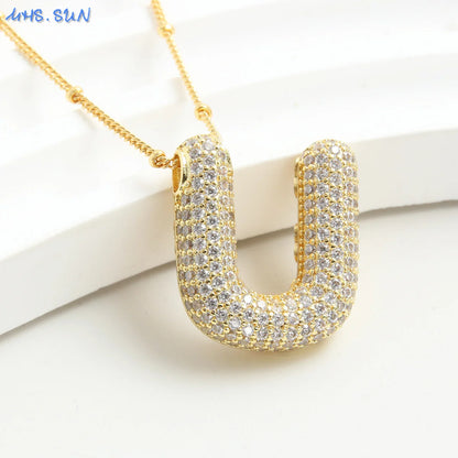MHS.SUN Gold Plated Balloon 26 Letter Necklaces Copper Zircon Bubble Initial Pendant Chunky Women Personality Chain Jewelry
